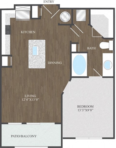 Floor plan for 1 bed, 1 bath, 677 sqft
